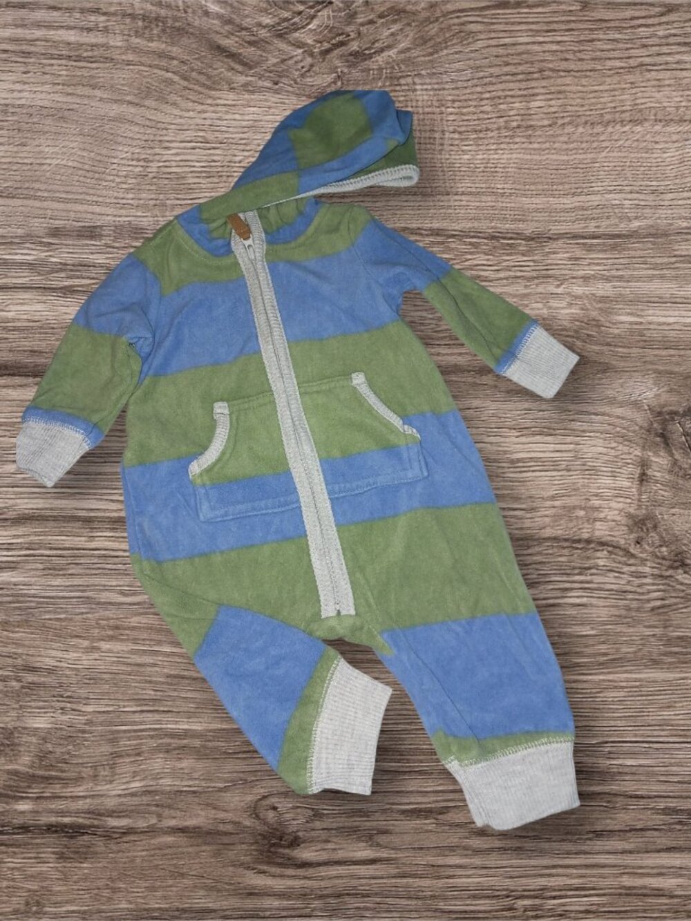 Carter's Baby 3M Hooded Striped Romper Blue Green Zip One Piece Outfit